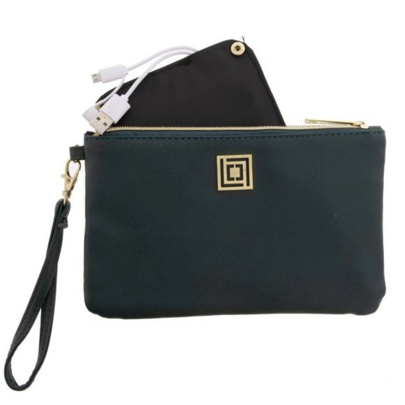 LIZ CLAIBORNE DESIGNER GREEN WRISTLET PURSE WITH PHONE CHARGER - Picture 2 of 3